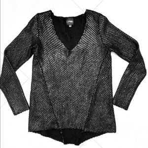 Black V-neck metallic sweater